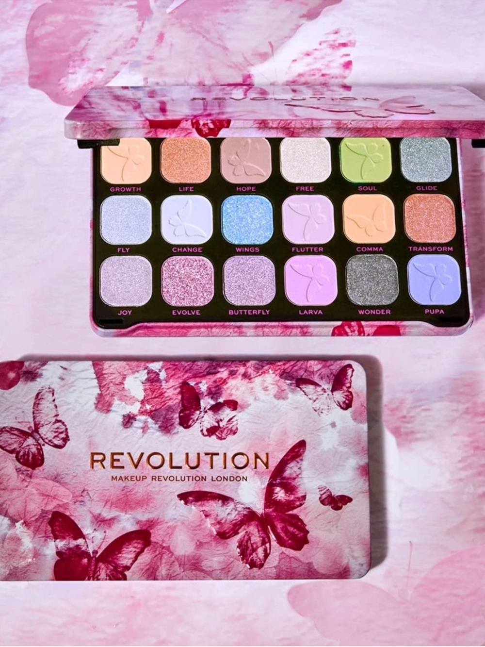 Revolution Eyeshadow Palette — Pink, Purple, Blue, Green, Peach, Silver
